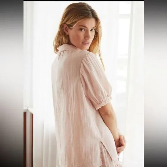 Anthropologie New Romilly Top Button-up Collared Women Size M Pink Embroidery - Picture 2 of 14